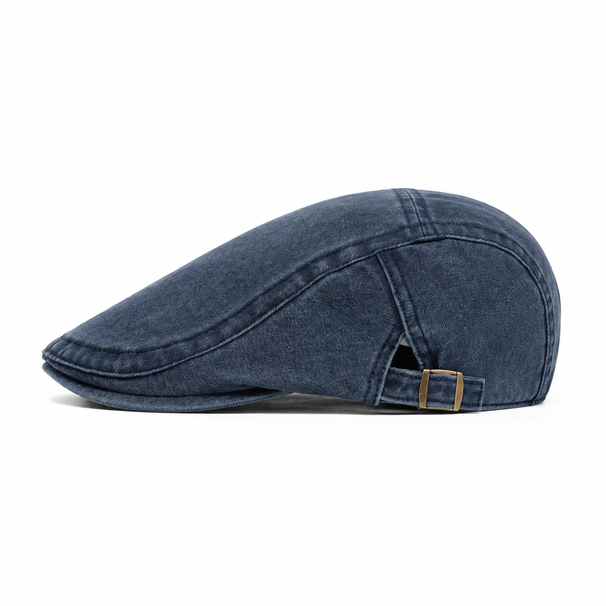 Denim Blue vintage flat cap in left side profile on a white background