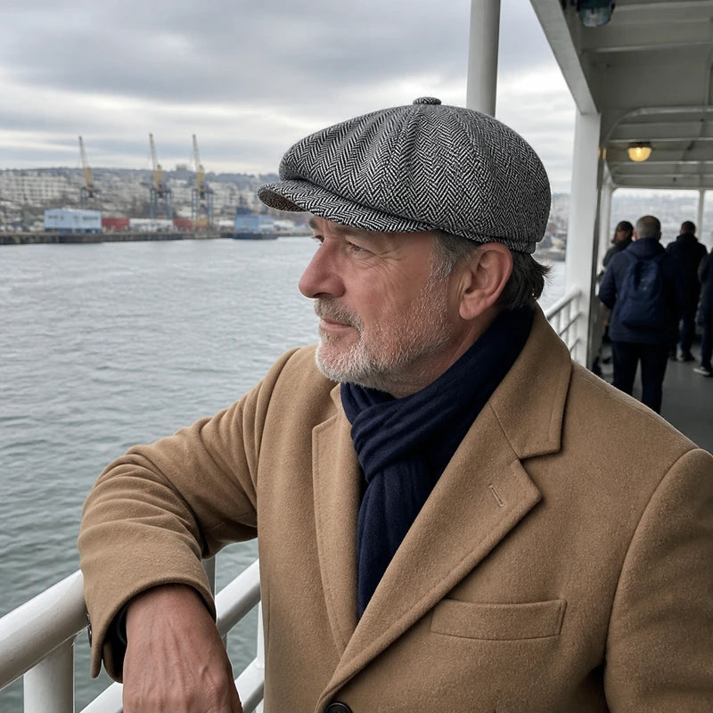 Mature man wearing the Ash Grey herringbone wool cap on a harbor ferry