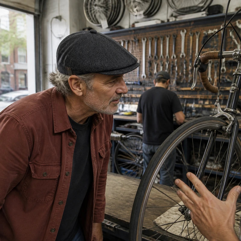 Mature man wearing the Coal Black herringbone wool cap in a bicycle workshop