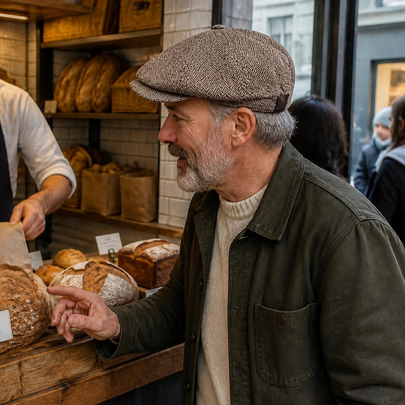 Mature man wearing the Tobacco Brown herringbone wool cap in an artisan bakery