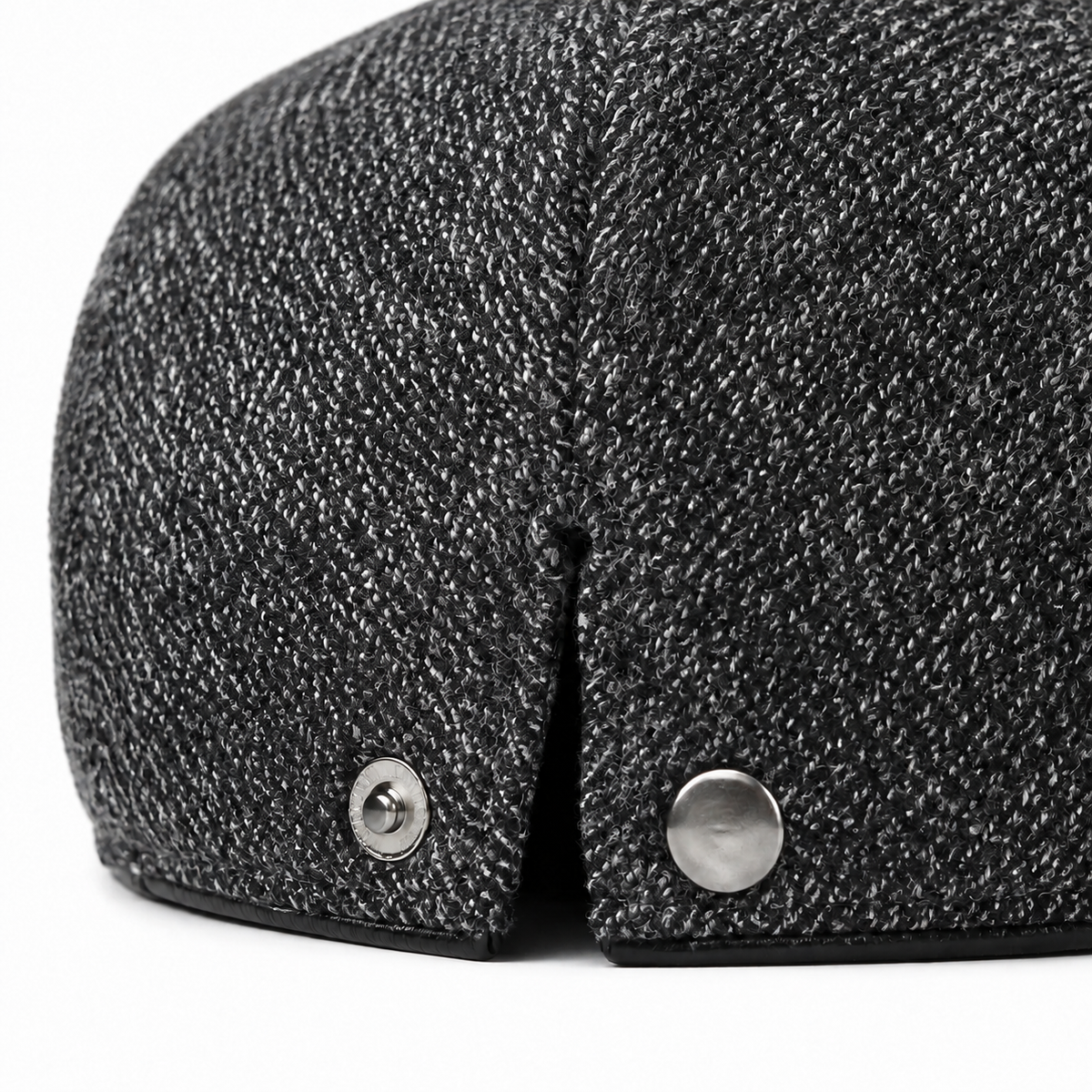 Heritage Wool Cap Graphite Grey - tweed and rear snap detail