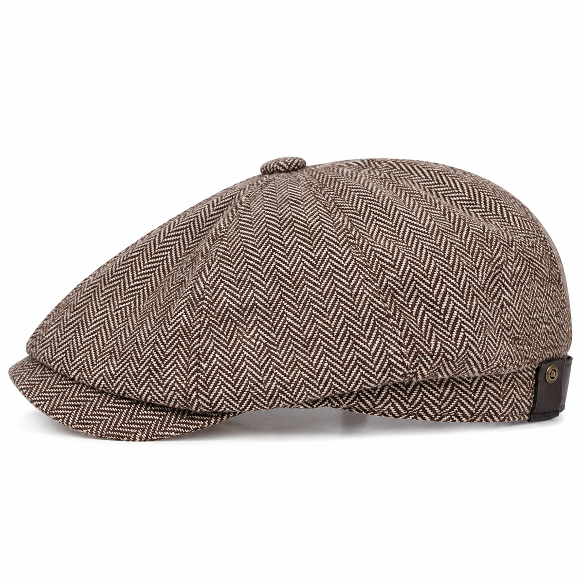 Herringbone Wool Cap Tobacco Brown — perfil lateral