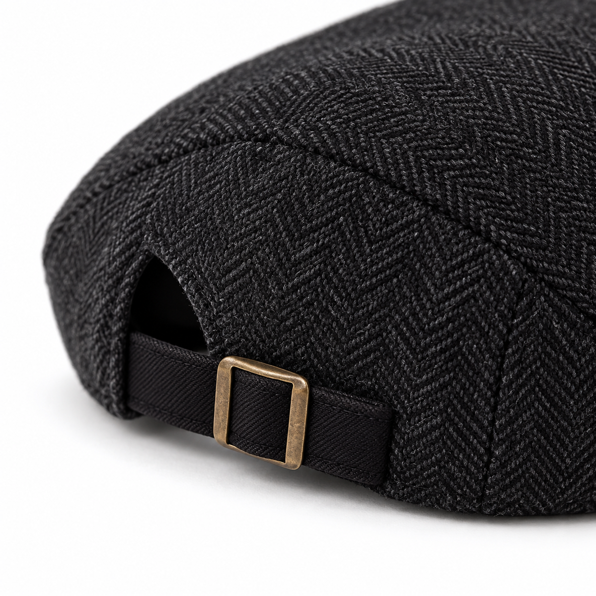 Herringbone Wool Driver Cap Coal Black - rear buckle detail