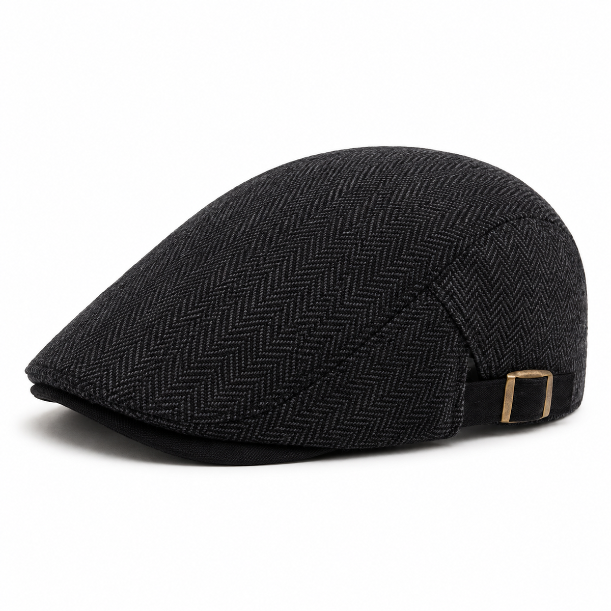 Herringbone Wool Driver Cap Coal Black - elevated front three-quarter view