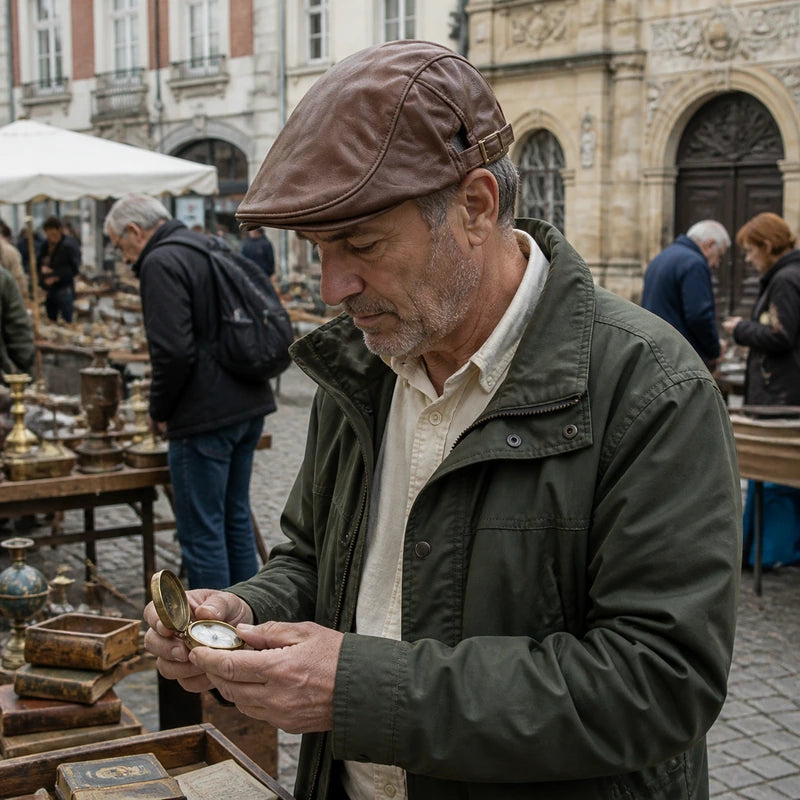 Mature man wearing the Light Brown leather driver cap at an antique market