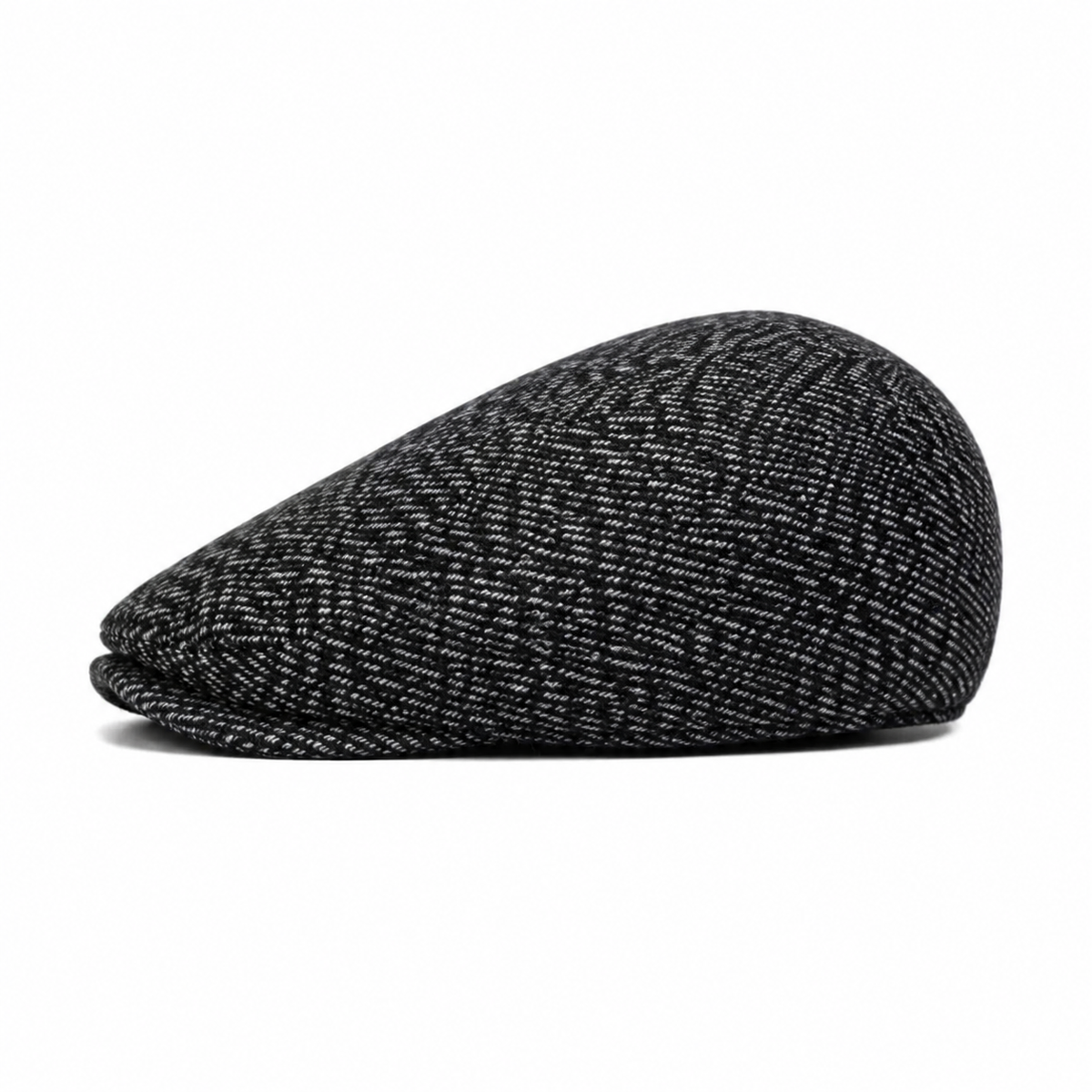 Tweed Flat Cap Coal Black - left side profile