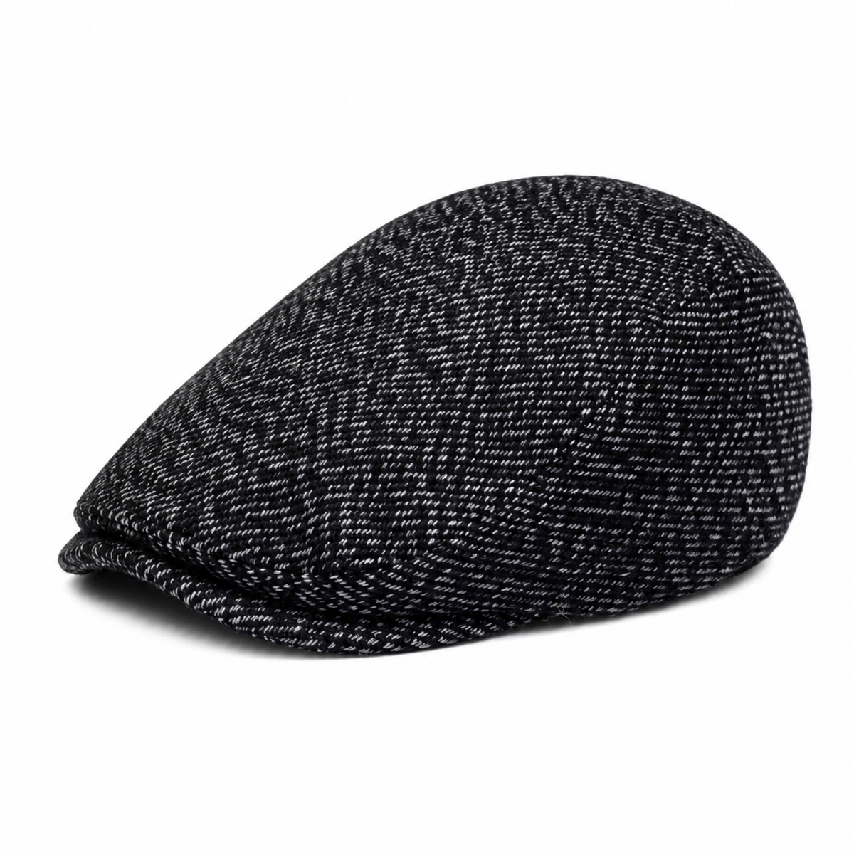 Tweed Flat Cap Coal Black - elevated front three-quarter view