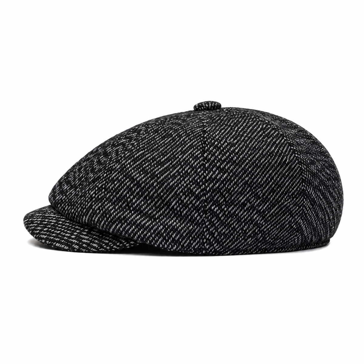 Tweed Newsboy Cap Coal Black - left side profile