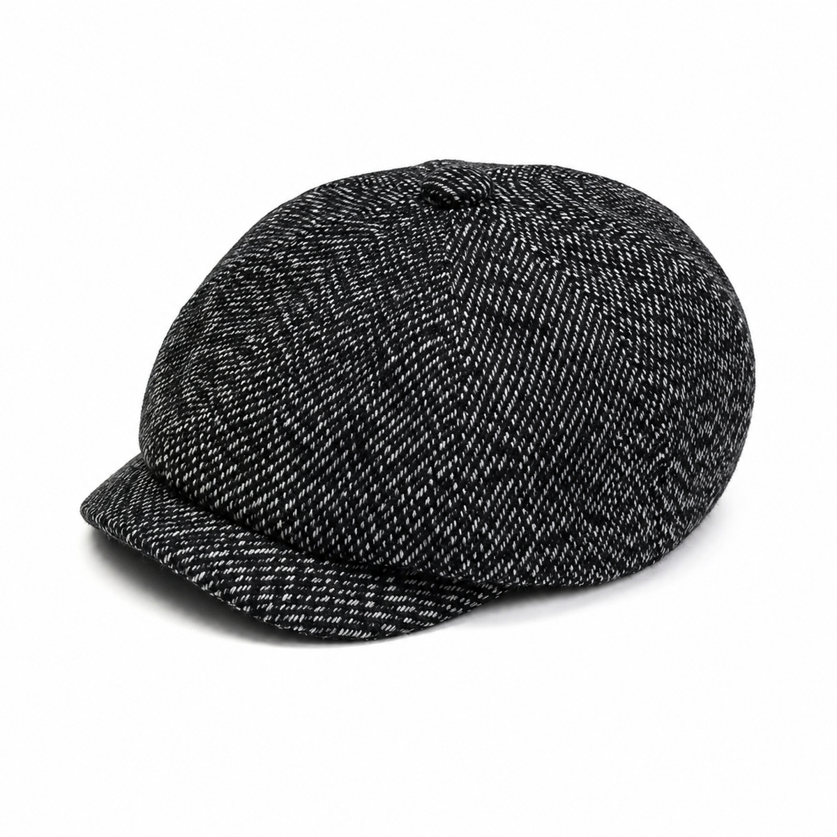Tweed Newsboy Cap Coal Black - elevated front three-quarter view