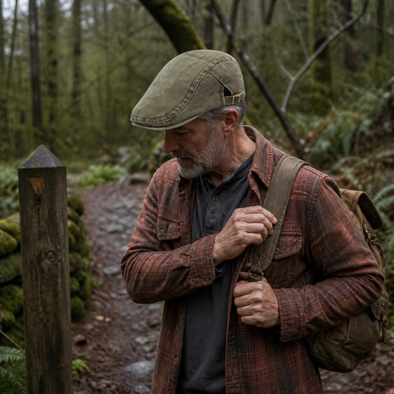 Mature man wearing the Field Olive flat cap on a woodland trail