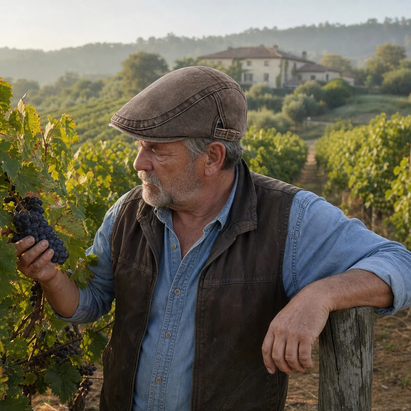 Mature man wearing the Tobacco Brown flat cap in a vineyard