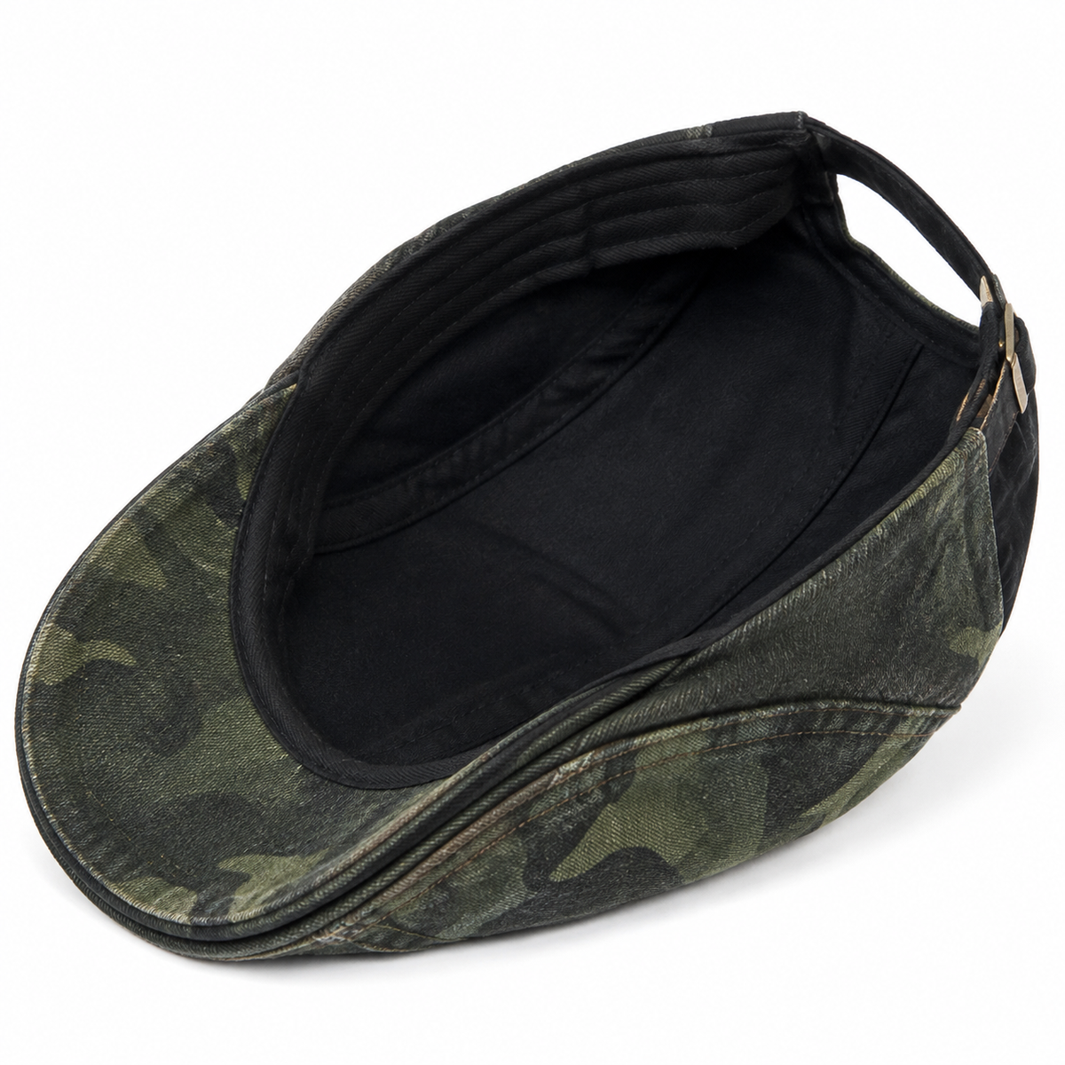 interior and construction detail close-up of Camo Cotton Cap, Army Green, on a white background