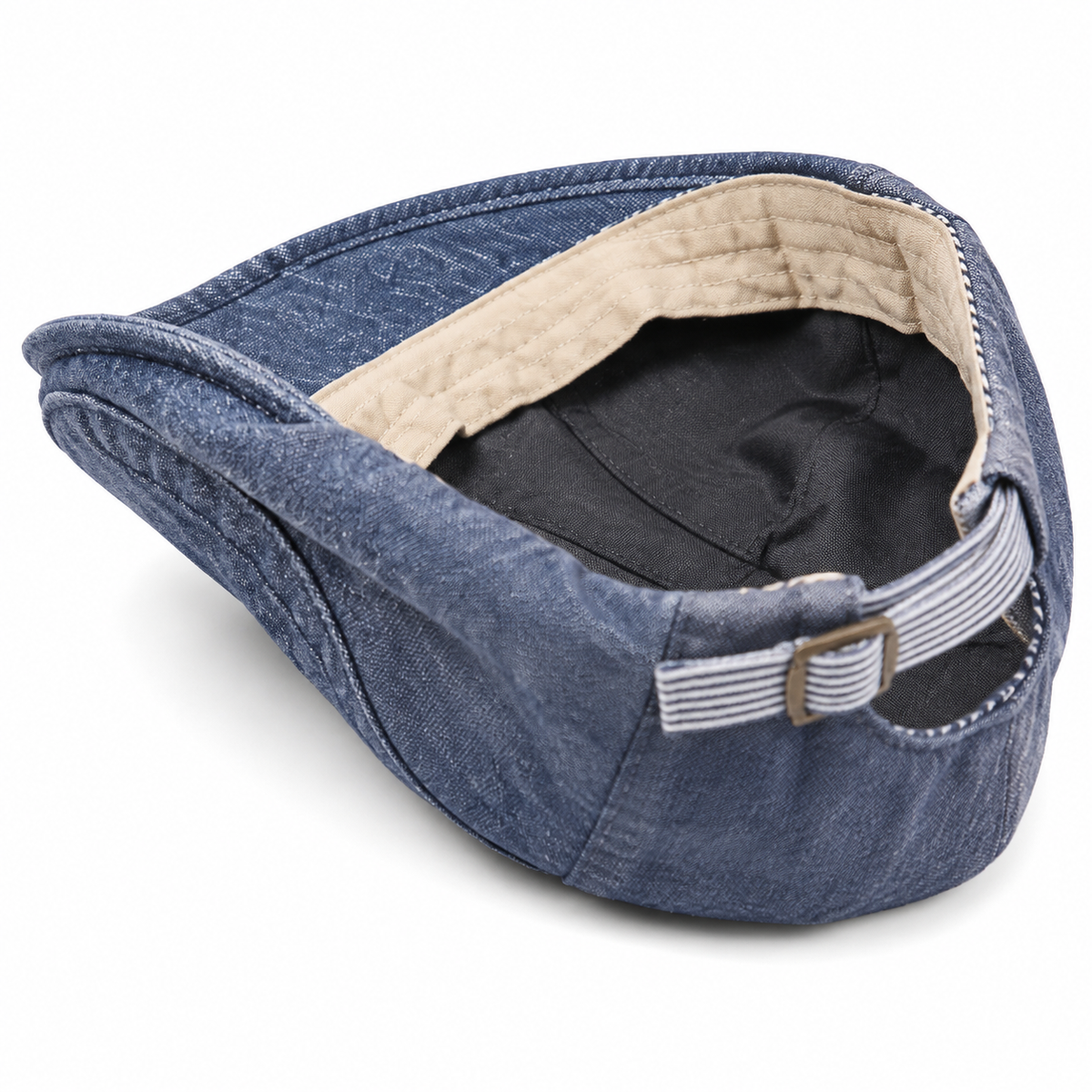 interior and construction detail close-up of Coastal Linen Cap, Denim Blue, on a white background