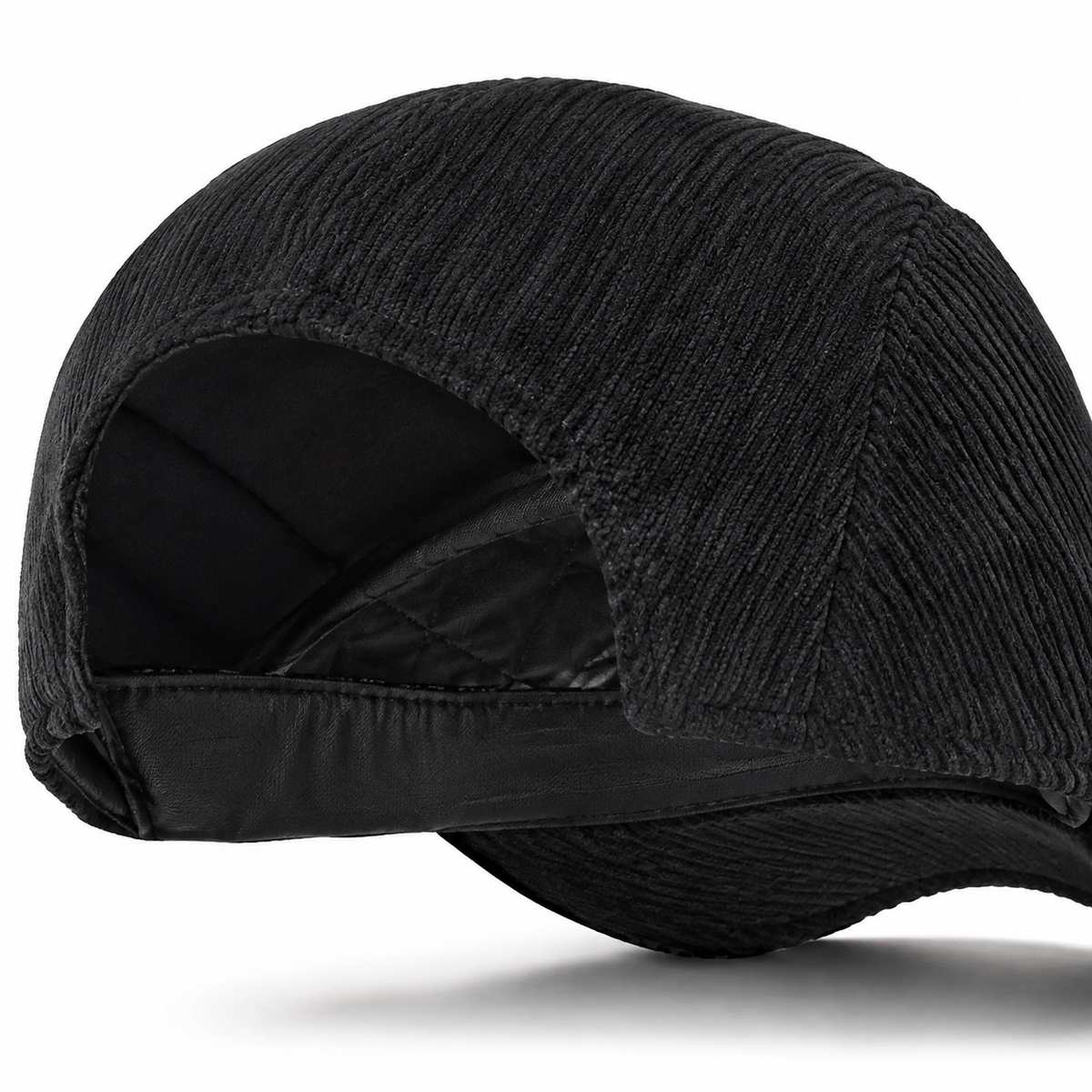interior and construction detail close-up of Corduroy Heritage Cap, Coal Black, on a white background