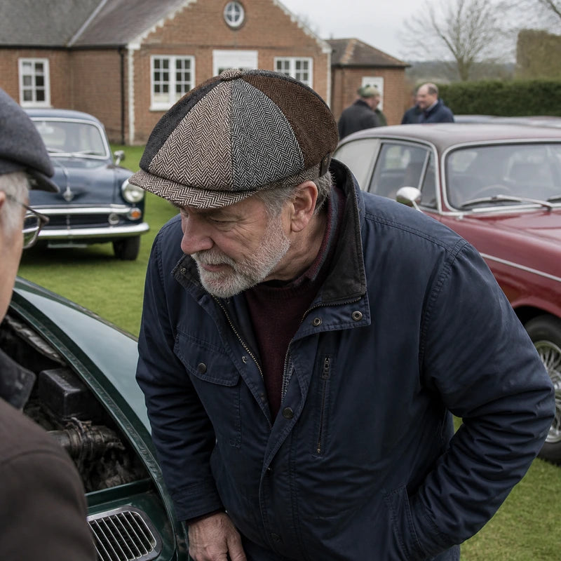 Mature man wearing the Bronze patchwork herringbone wool cap at a classic car gathering