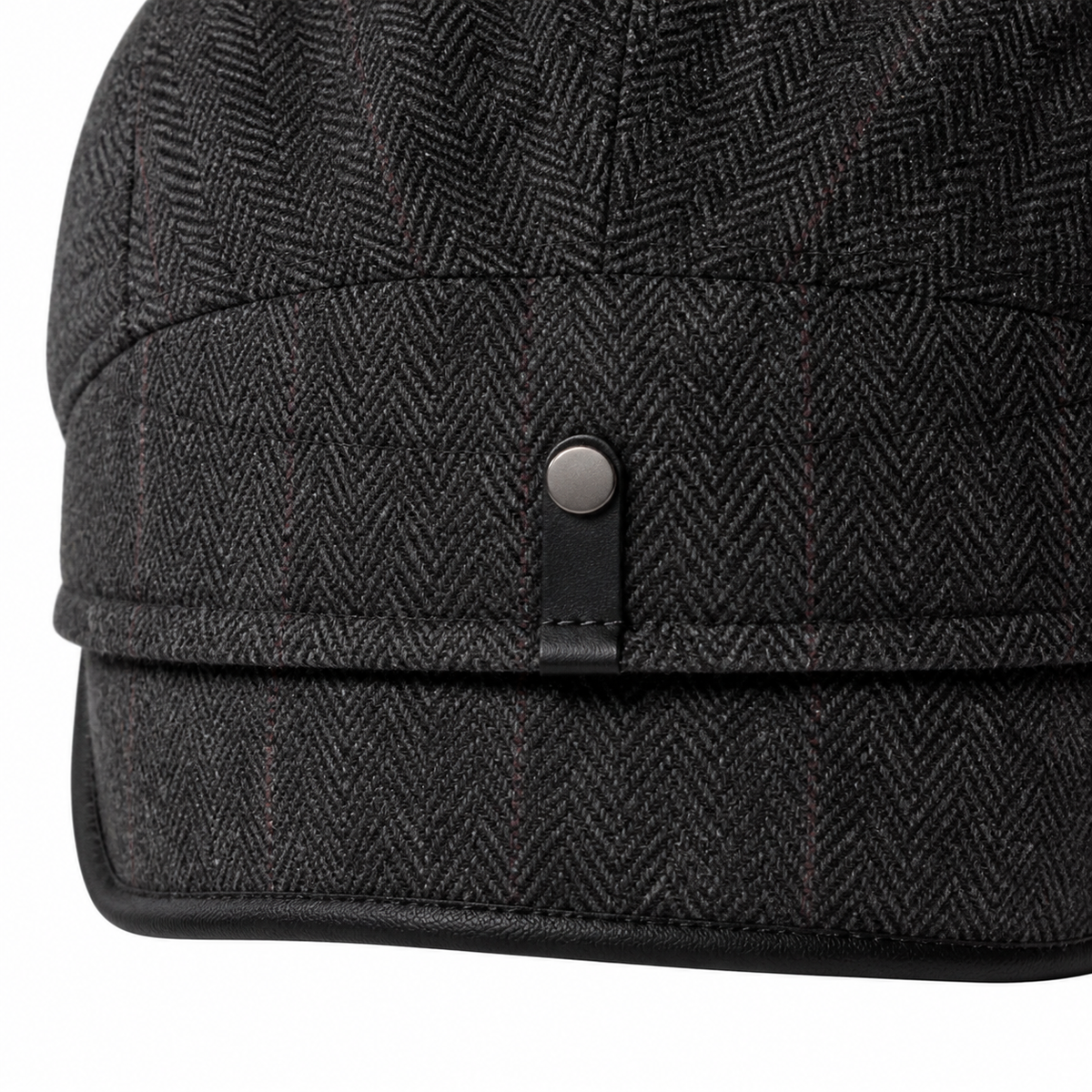 Driver Ear Flap Cap Coal Black - rear fastening and herringbone detail