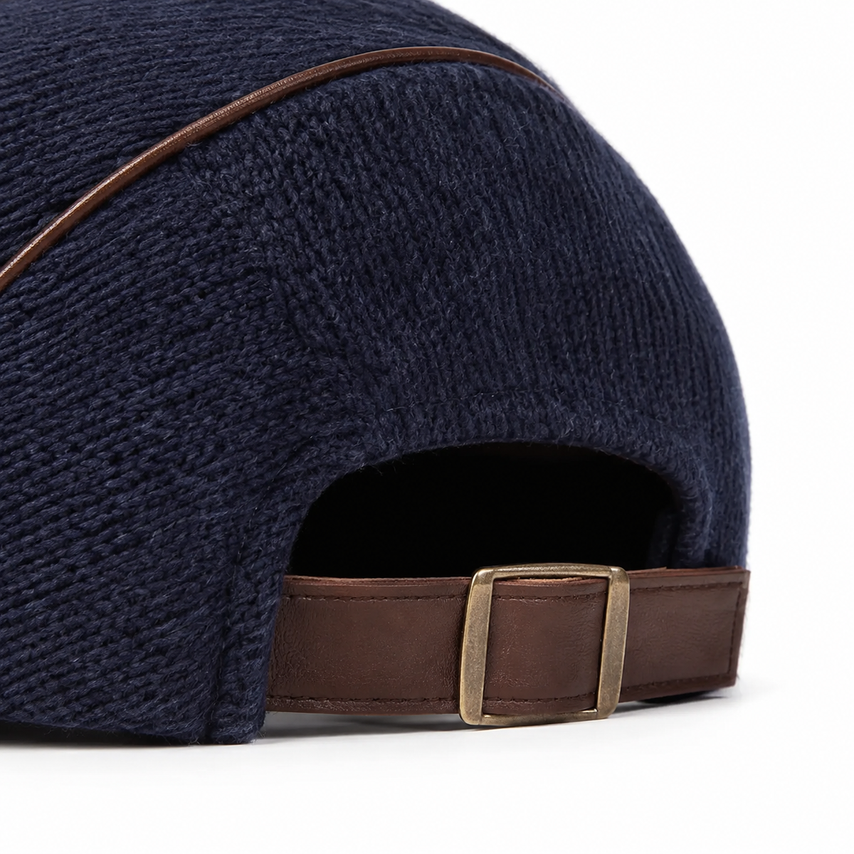 Heritage Knit Cap Denim Blue - knit, leather piping and buckle detail