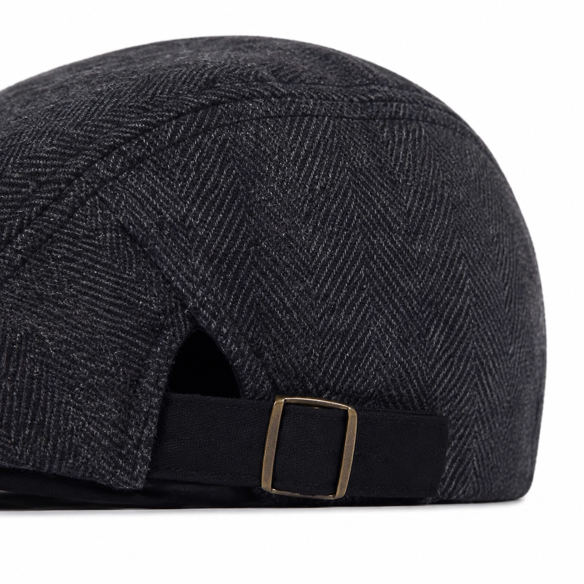 Heritage Wool Cap Coal Black - herringbone and buckle detail