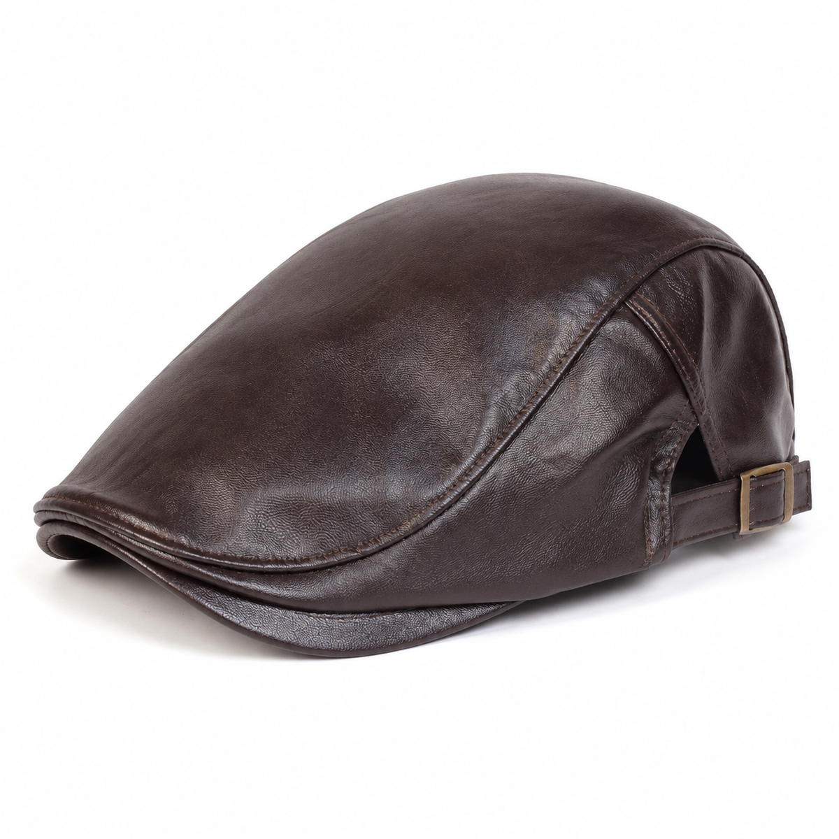 Leather Driver Cap Tobacco Brown — vista elevada em três quartos