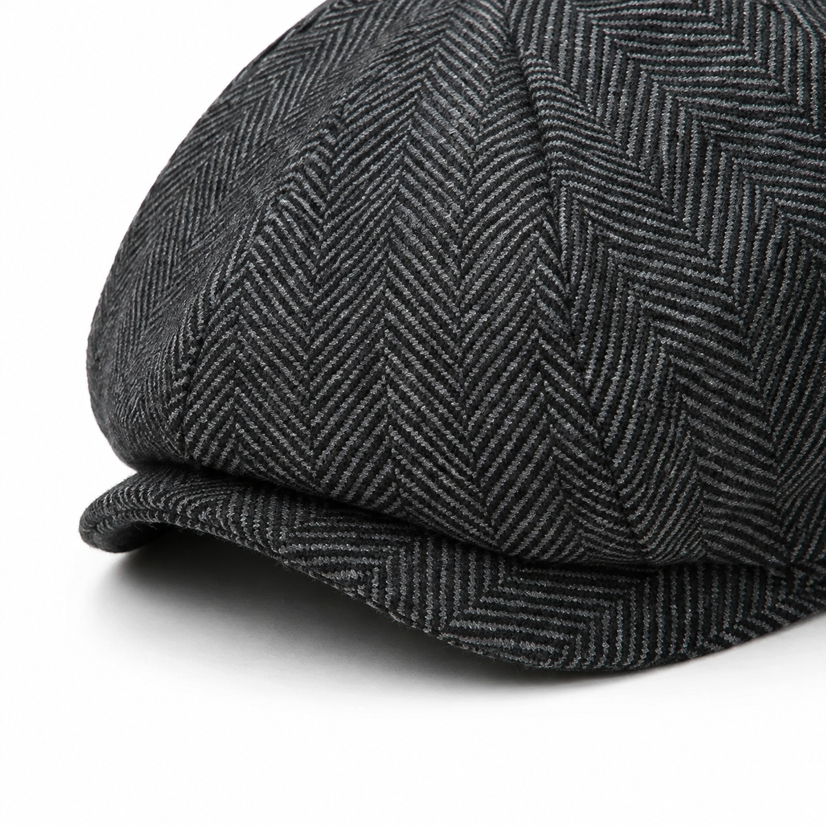 Peaky Cap Graphite Grey - peak and herringbone fabric detail