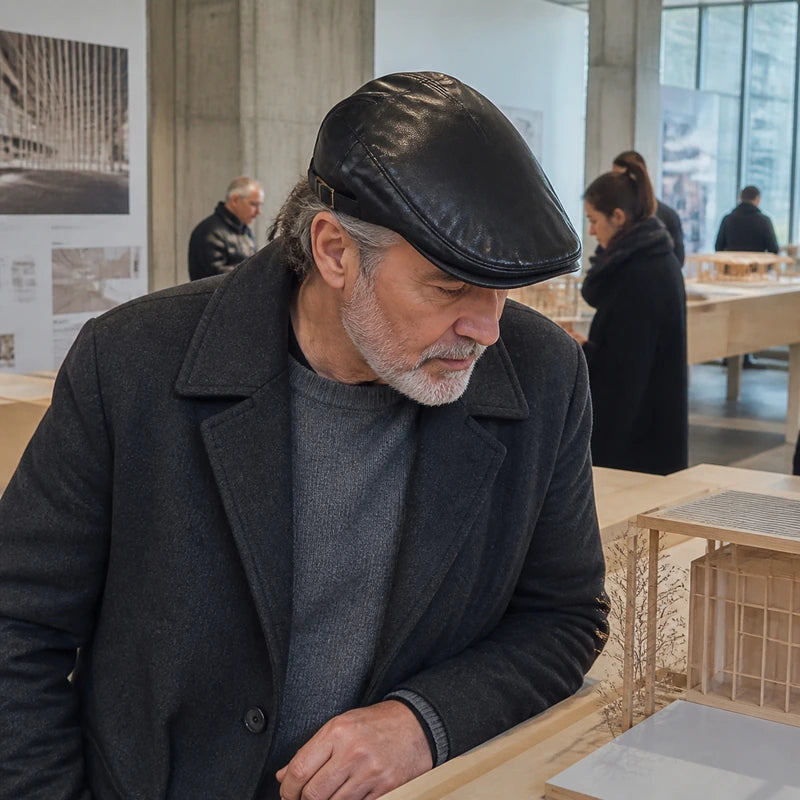 Mature man wearing the Coal Black leather driver cap in an architecture gallery