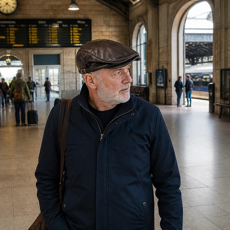 Mature man wearing the Tobacco Brown leather driver cap in a historic railway station