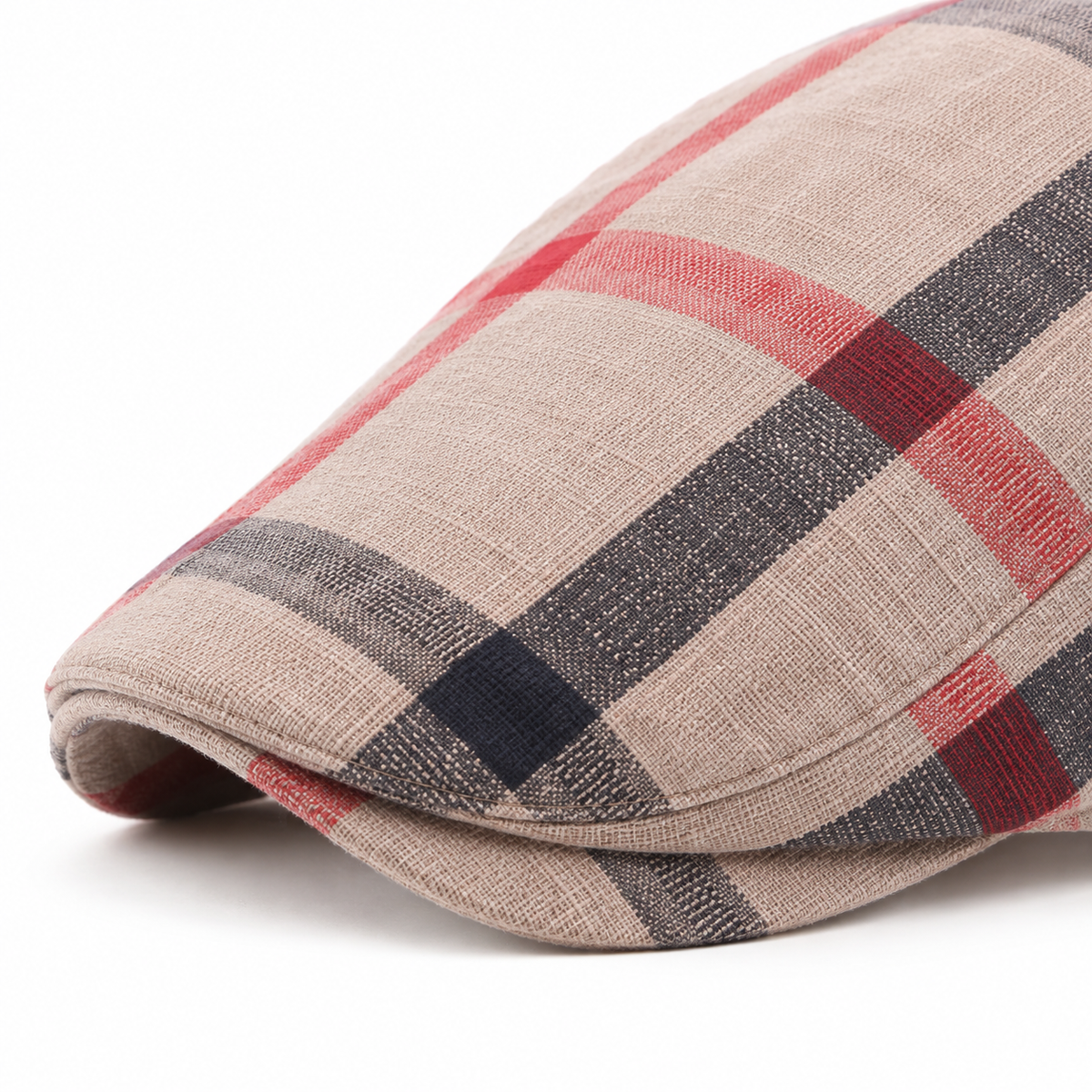 Vintage Check Cap Beige - peak and check linen fabric detail