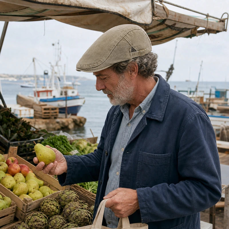 Mature man wearing the Beige flat cap at a coastal market