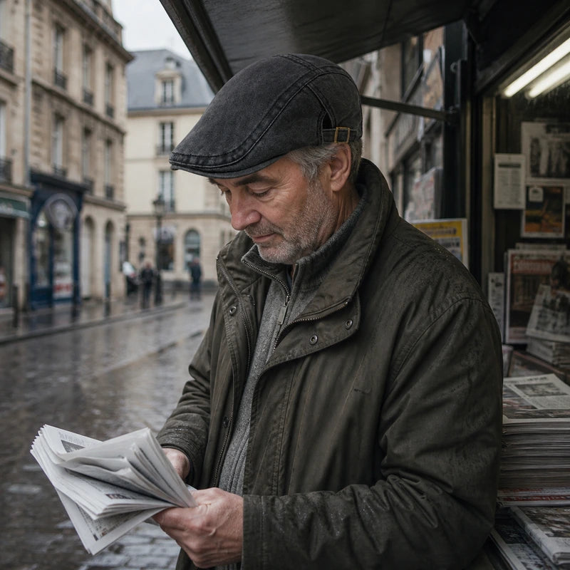 Mature man wearing the Coal Black flat cap on a rainy city street