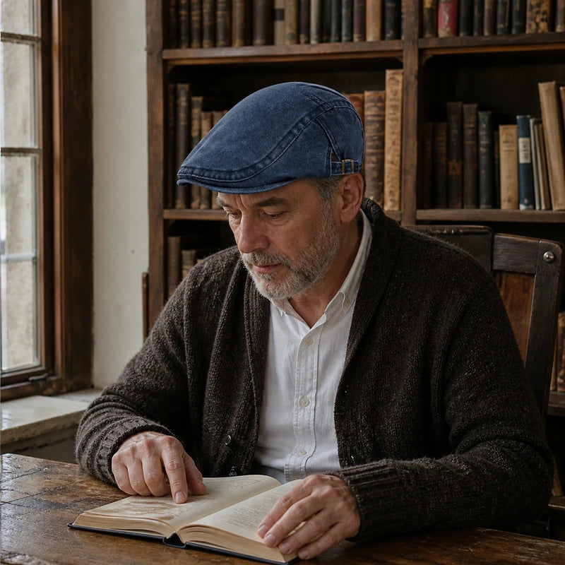 Mature man wearing the Denim Blue flat cap while reading in a library