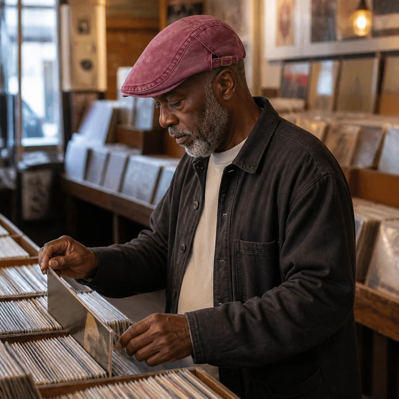Mature man wearing the Rosewood Red flat cap in a record shop
